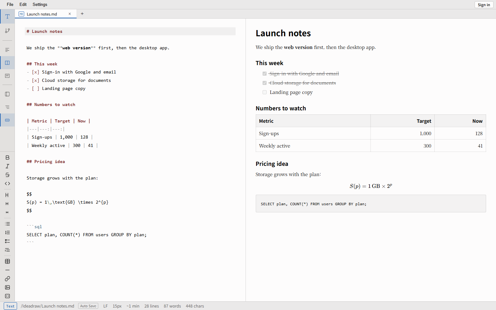 Markdown source and preview side by side